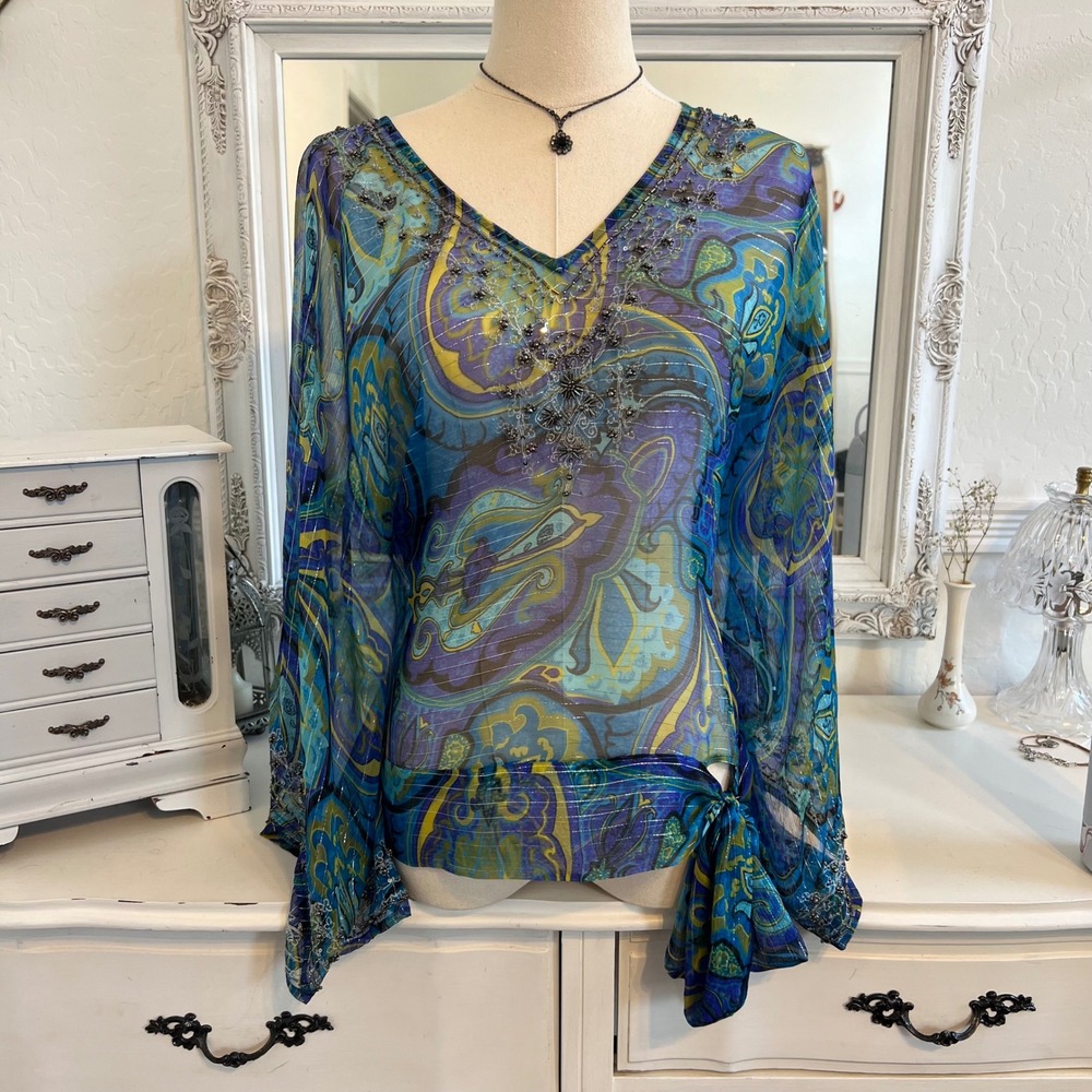 vintage cache silk beaded paisley patterned batwing long sleeve top - Picture 2 of 5